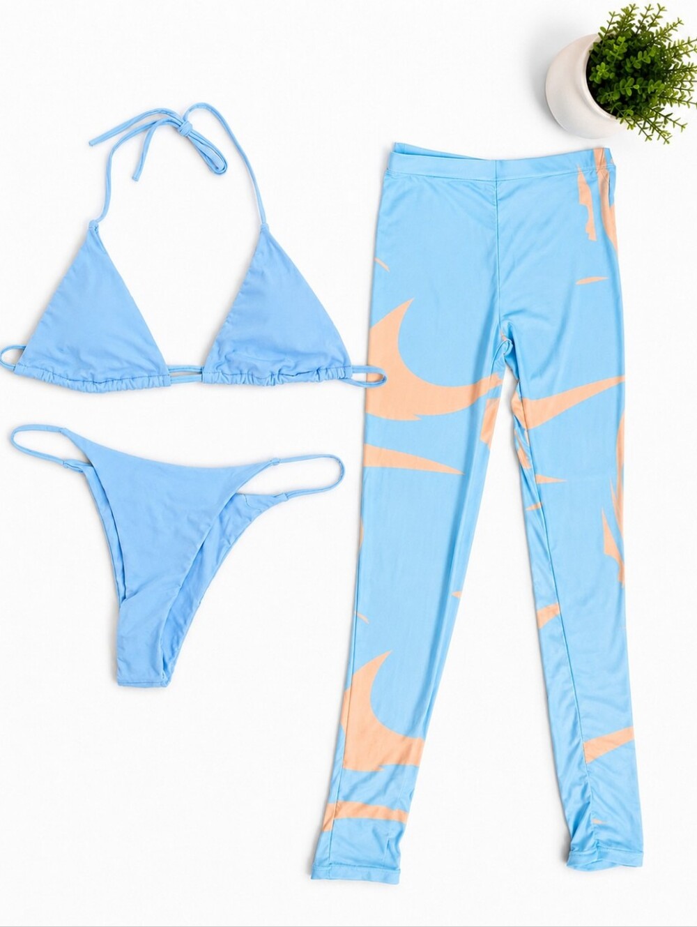 3 Piece Blue & Beige Swim Set with Matching Mesh Cover Up Pants